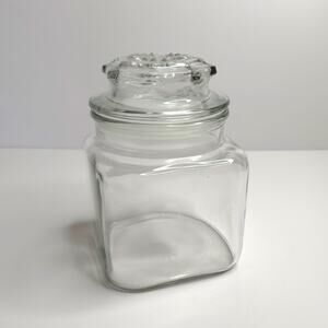 Anchor Hocking Vintage Apothecary Square Storage Jar Clear Glass W/ Lid